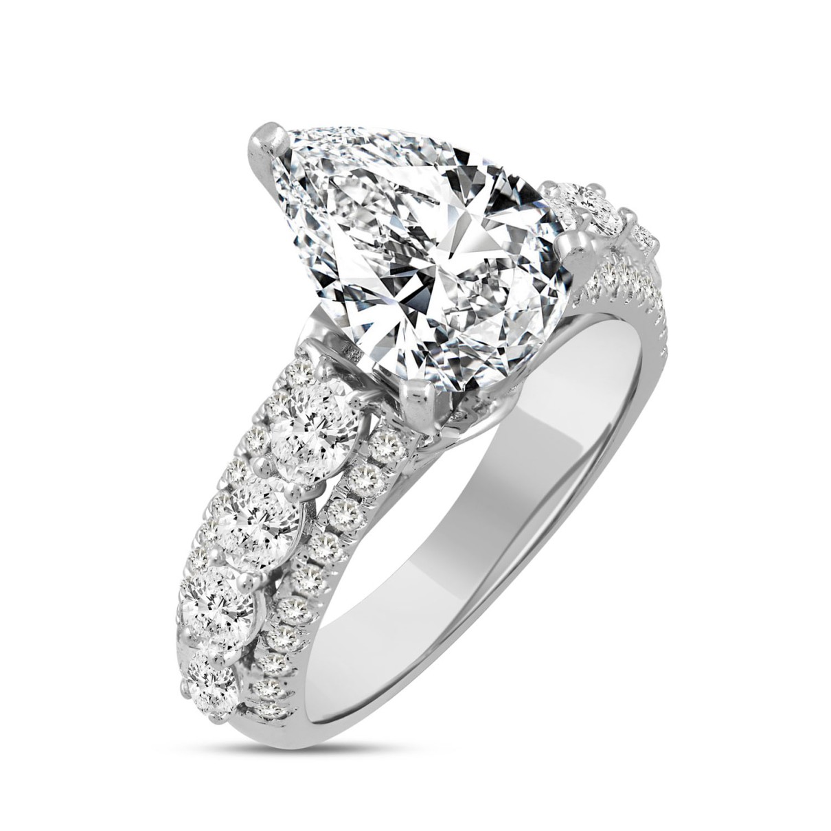 LADIES RING 4 1/4CT ROUND/PEAR/OVAL DIAMOND 14K WHITE GOLD (CENTER STONE PEAR DIAMOND 3CT )