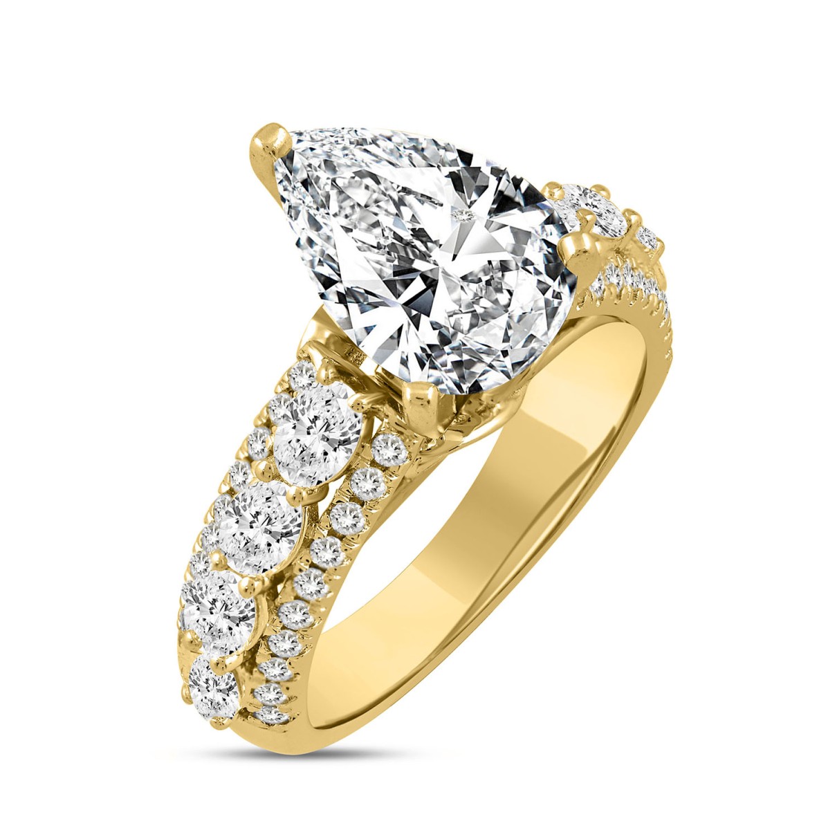 LADIES RING 4 1/4CT ROUND/PEAR/OVAL DIAMOND 14K YELLOW GOLD (CENTER STONE PEAR DIAMOND 3CT )