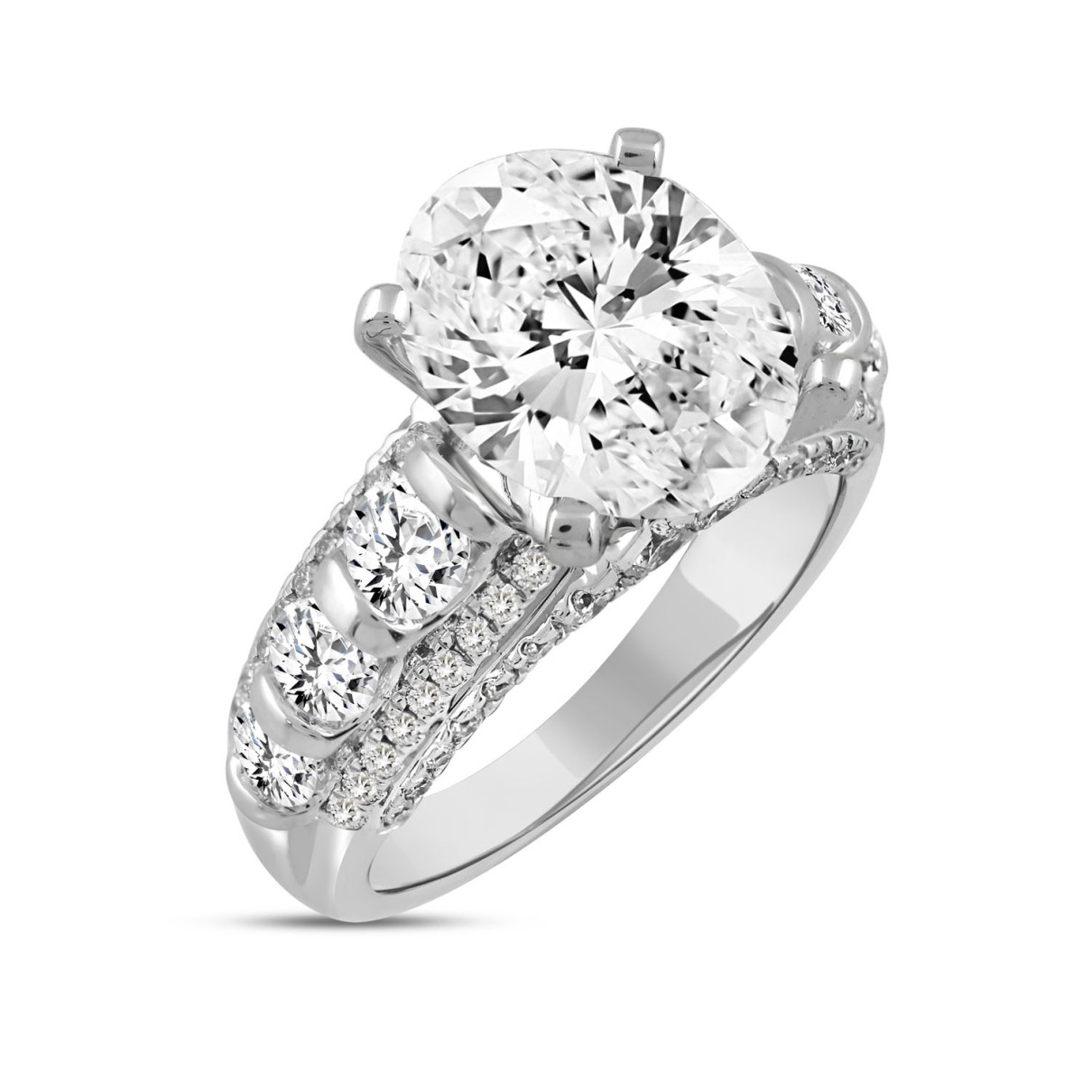 LADIES RING 6 1/2CT ROUND/OVAL DIAMOND 14K WHITE GOLD (CENTER STONE OVAL DIAMOND 5CT )