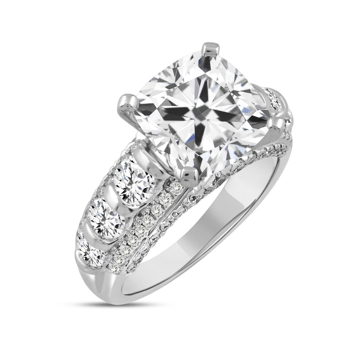 LADIES RING 5 1/2CT ROUND/CUSHION DIAMOND 14K WHITE GOLD (CENTER STONE CUSHION DIAMOND 4CT )