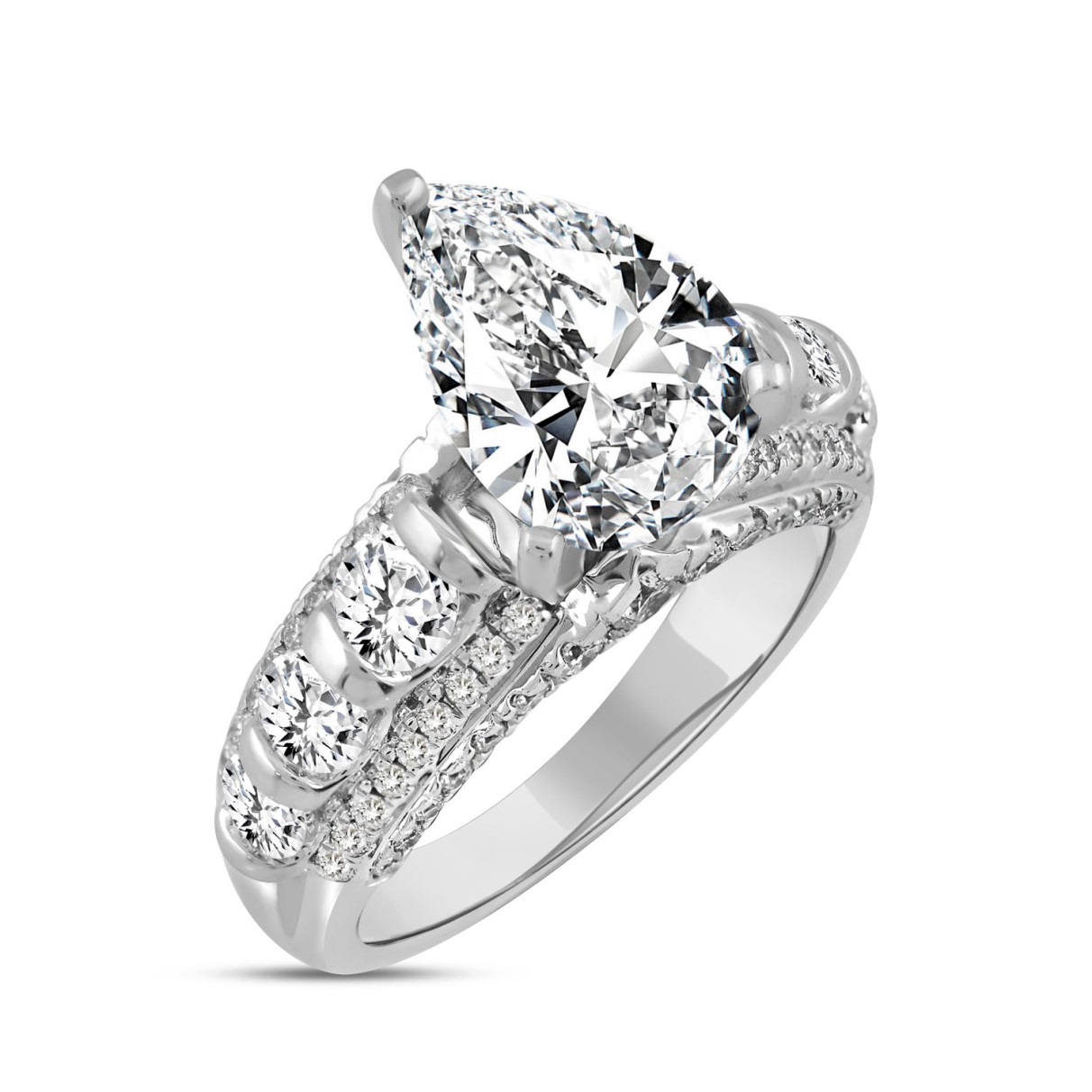 LADIES RING 4 1/2CT ROUND/PEAR DIAMOND 14K WHITE GOLD (CENTER STONE PEAR DIAMOND 3CT )