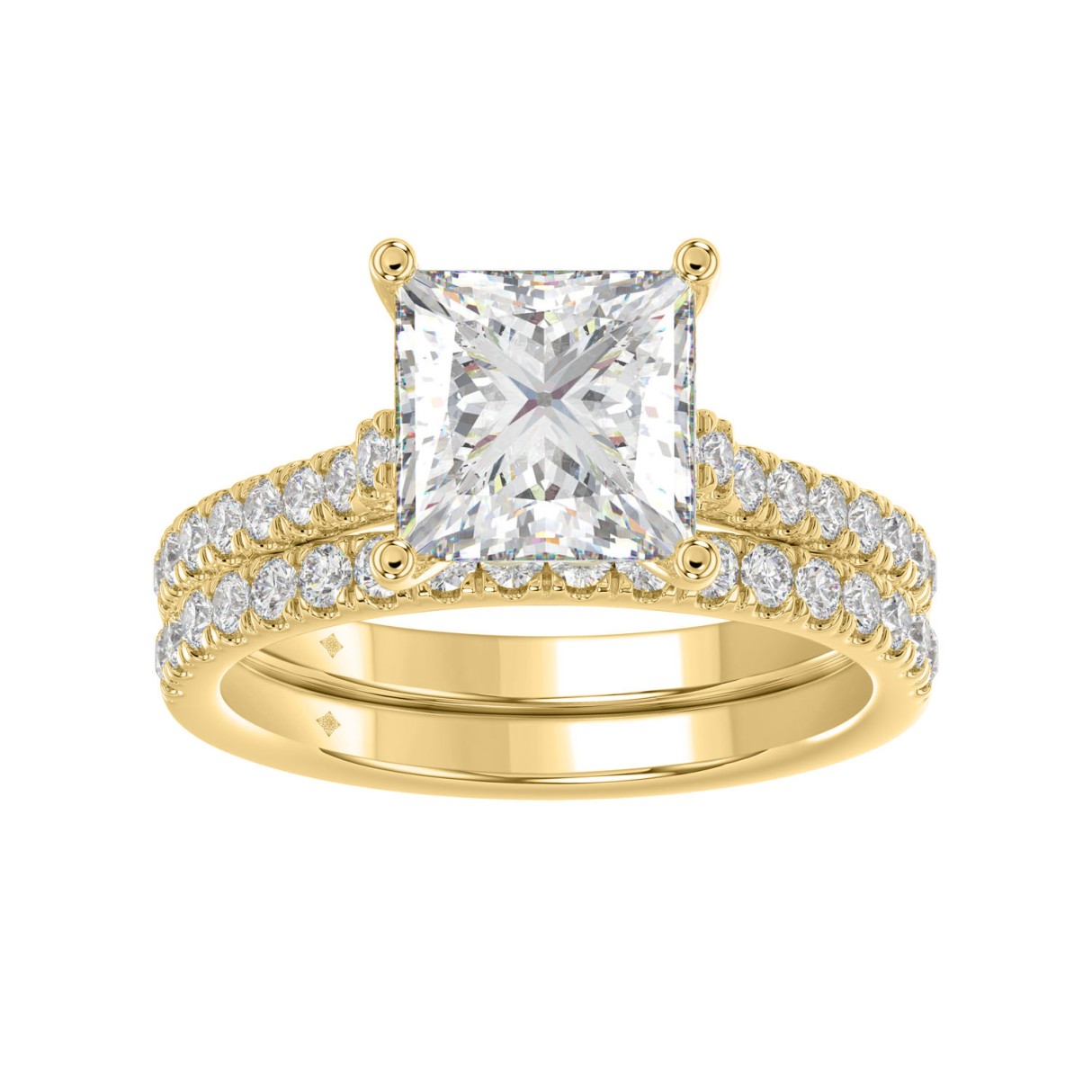 14K YELLOW GOLD 3 1/2CT ROUND/PRINCESS DIAMOND LADIES BRIDAL SET (CENTER STONE PRINCESS DIAMOND 3CT)