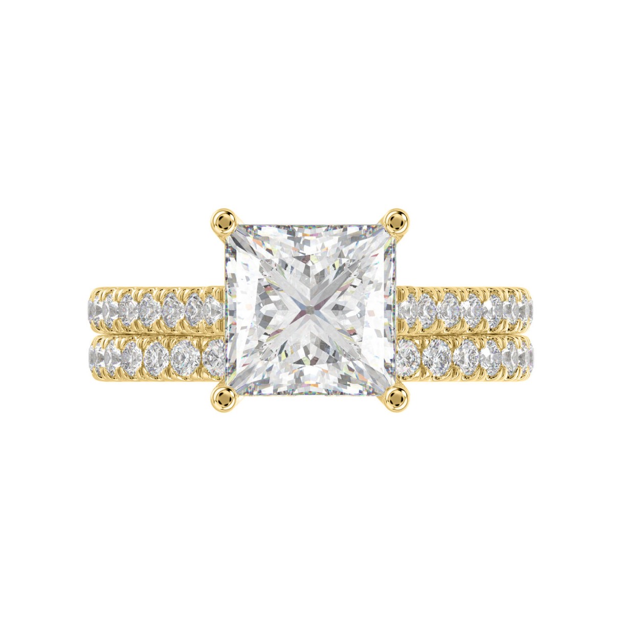 14K YELLOW GOLD 3 1/2CT ROUND/PRINCESS DIAMOND LADIES BRIDAL SET (CENTER STONE PRINCESS DIAMOND 3CT)