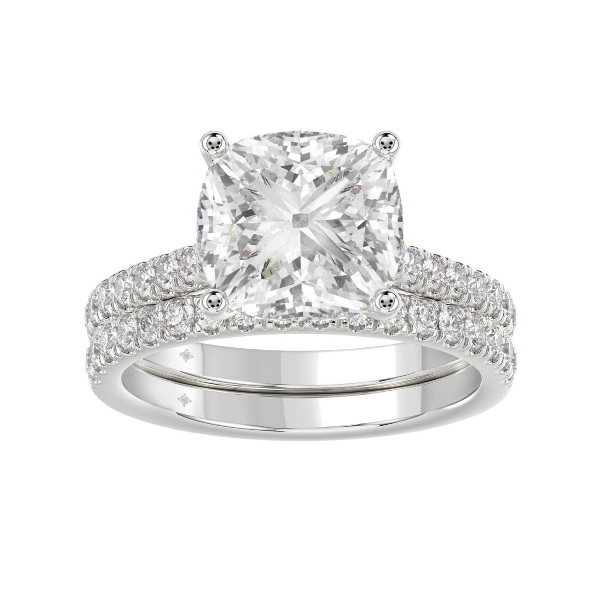 LADIES BRIDAL SET 3 1/2CT ROUND/CUSHION DIAMOND 14K WHITE GOLD (CENTER STONE CUSHION DIAMOND 4CT )