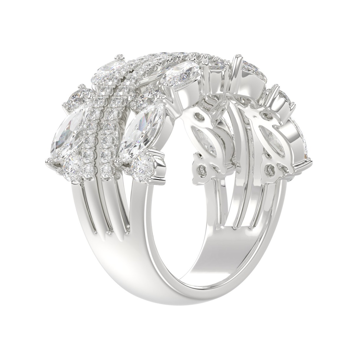 This is a diamond 14k cluster Ladies 2CT Ring featuring Marquise-shaped and round-cut diamonds in a leaf or floral motif set in white gold (Color F-G  Clarity VS1/VS2)