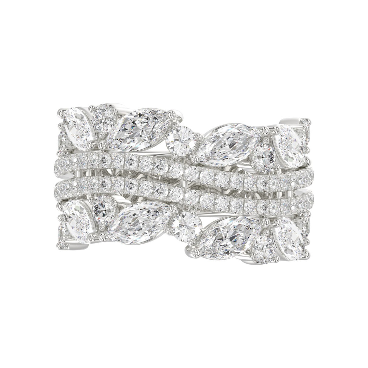 This is a diamond 14k cluster Ladies 2CT Ring featuring Marquise-shaped and round-cut diamonds in a leaf or floral motif set in white gold (Color F-G  Clarity VS1/VS2)