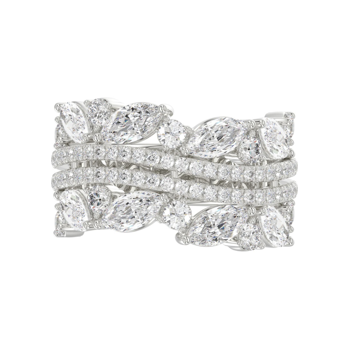 This is a diamond 14k cluster Ladies 2CT Ring featuring Marquise-shaped and round-cut diamonds in a leaf or floral motif set in white gold (Color F-G  Clarity VS1/VS2)