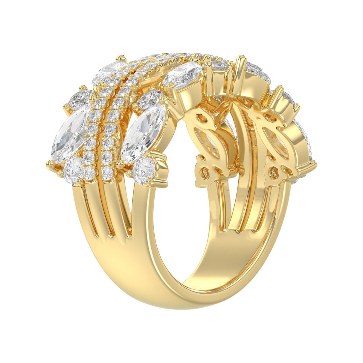 This is a diamond 14k cluster Ladies 2CT  Ring featuring Marquise-shaped and round-cut diamonds in a leaf or floral motif set in Yellow gold (Color F-G  Clarity VS1/VS2)
