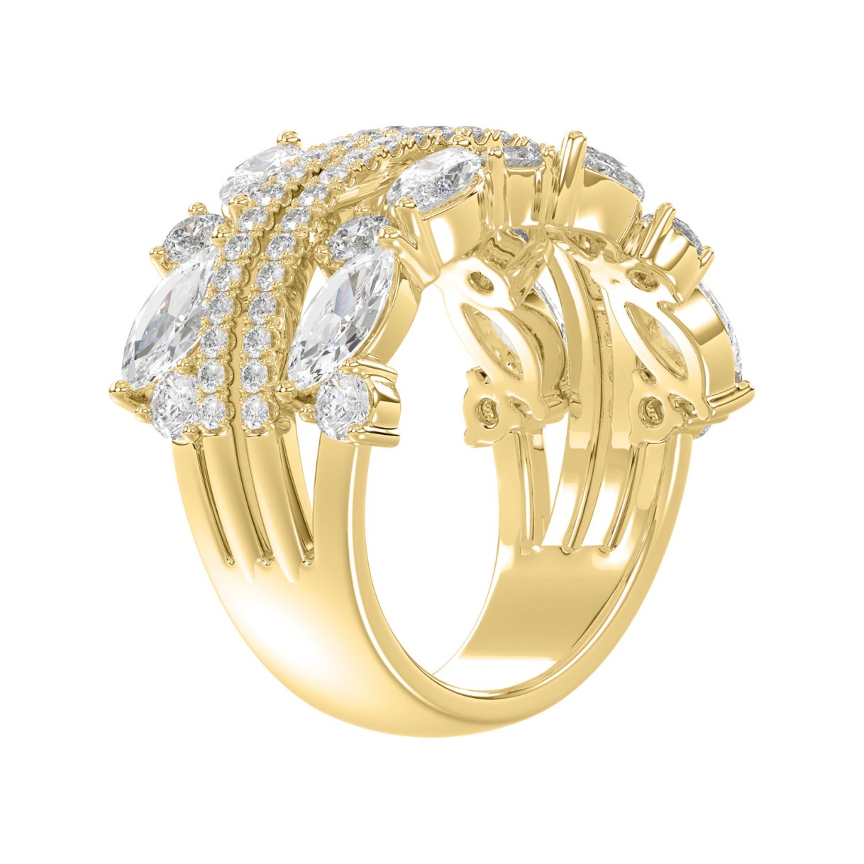 This is a diamond 14k cluster Ladies 2CT  Ring featuring Marquise-shaped and round-cut diamonds in a leaf or floral motif set in Yellow gold (Color F-G  Clarity VS1/VS2)