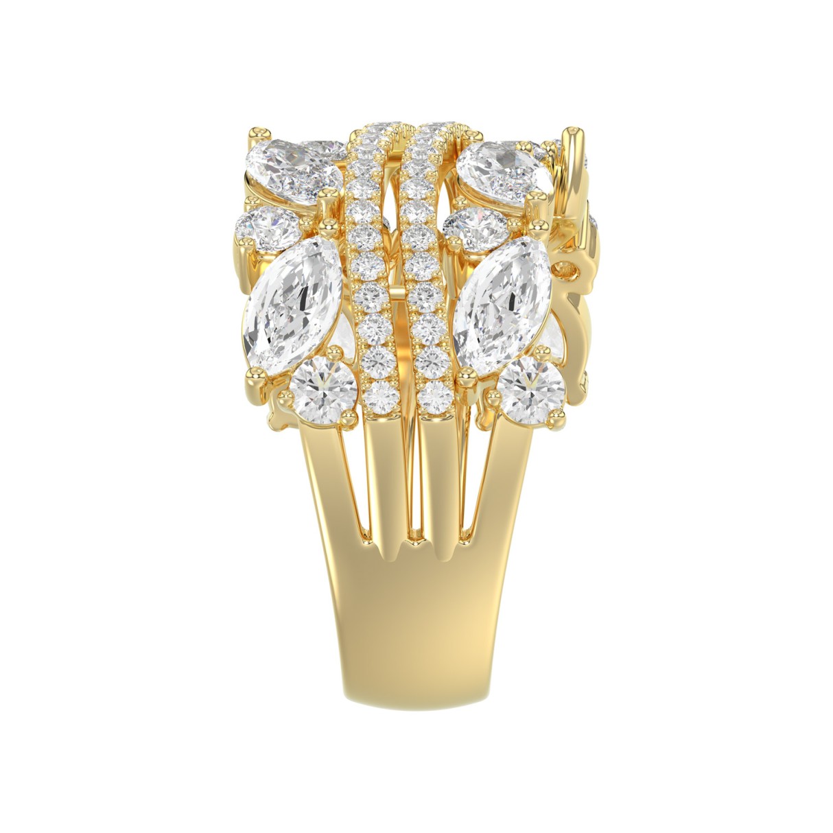 This is a diamond 14k cluster Ladies 2CT  Ring featuring Marquise-shaped and round-cut diamonds in a leaf or floral motif set in Yellow gold (Color F-G  Clarity VS1/VS2)