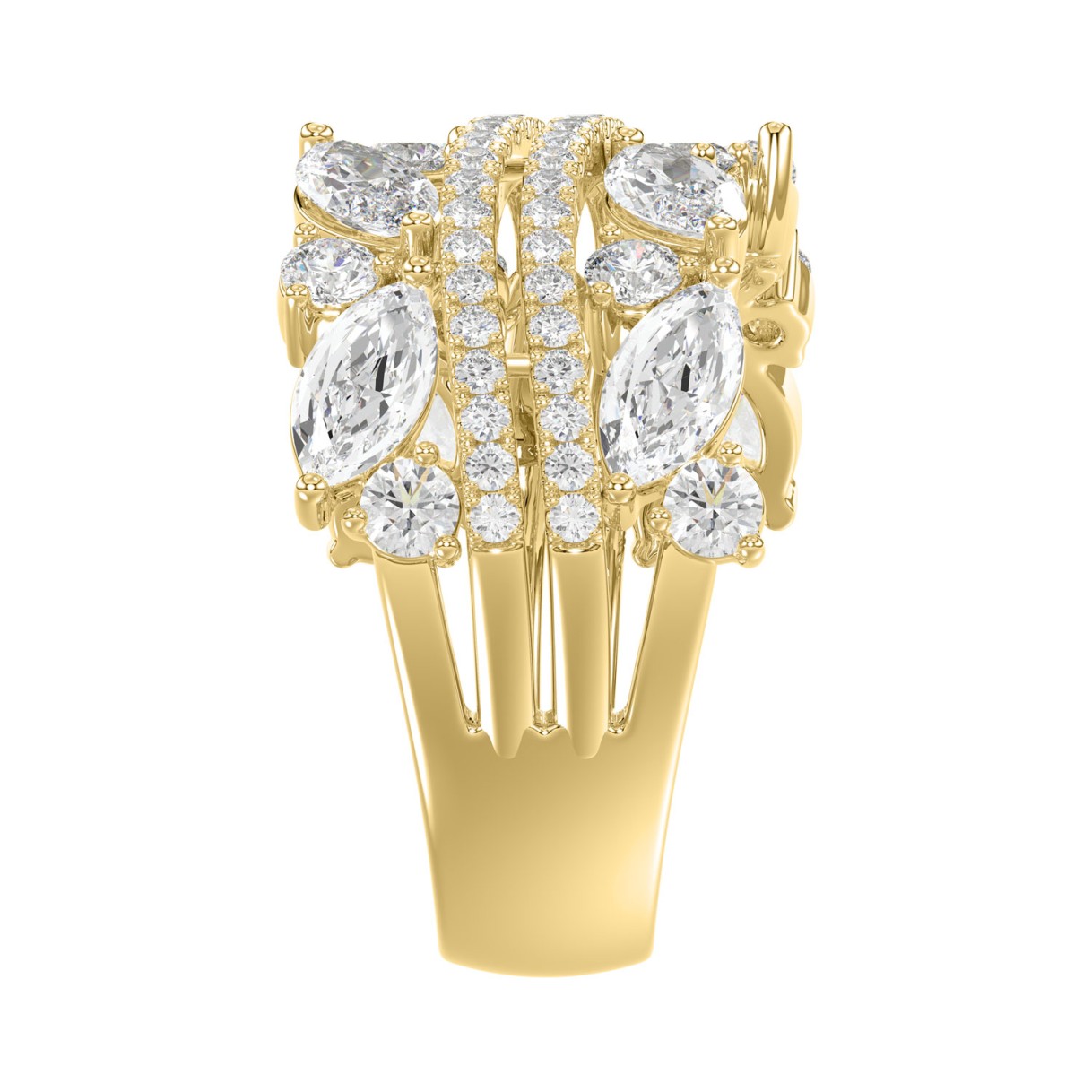 This is a diamond 14k cluster Ladies 2CT  Ring featuring Marquise-shaped and round-cut diamonds in a leaf or floral motif set in Yellow gold (Color F-G  Clarity VS1/VS2)