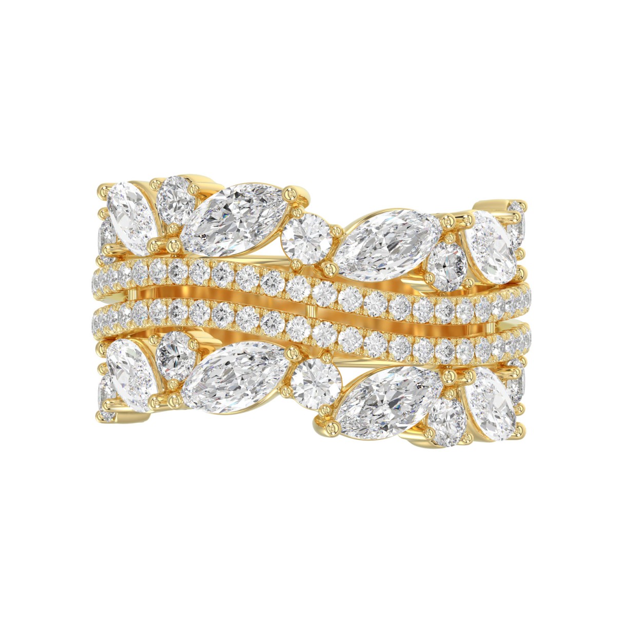 This is a diamond 14k cluster Ladies 2CT  Ring featuring Marquise-shaped and round-cut diamonds in a leaf or floral motif set in Yellow gold (Color F-G  Clarity VS1/VS2)
