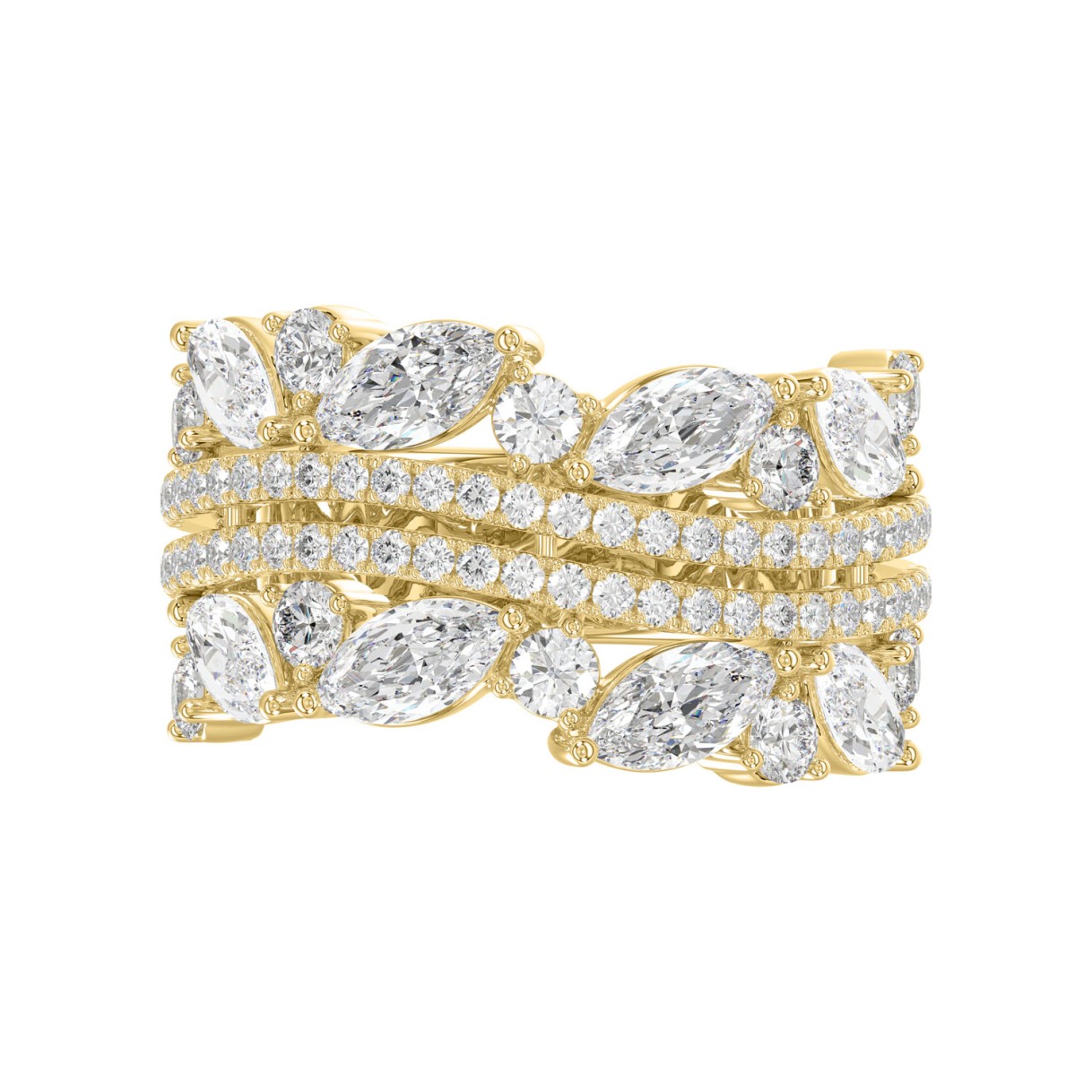 This is a diamond 14k cluster Ladies 2CT  Ring featuring Marquise-shaped and round-cut diamonds in a leaf or floral motif set in Yellow gold (Color F-G  Clarity VS1/VS2)