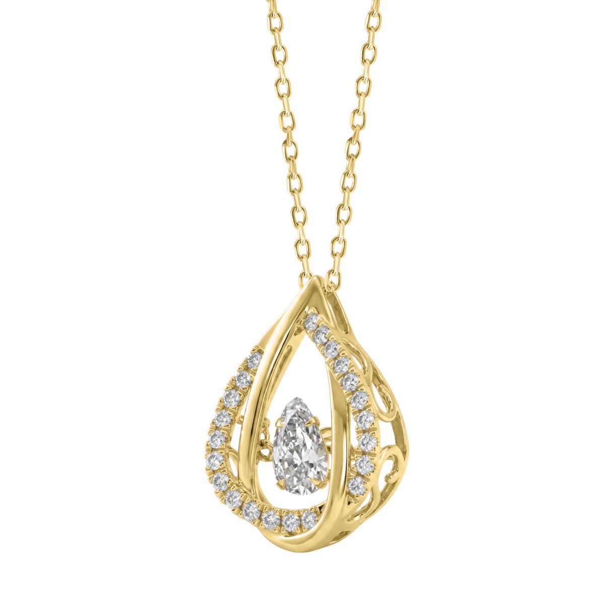 14K YELLOW GOLD 3/4CT ROUND/PEAR DIAMOND LADIES PENDANT WITH CHAIN (CENTER STONE PEAR DIAMOND 1/2CT)