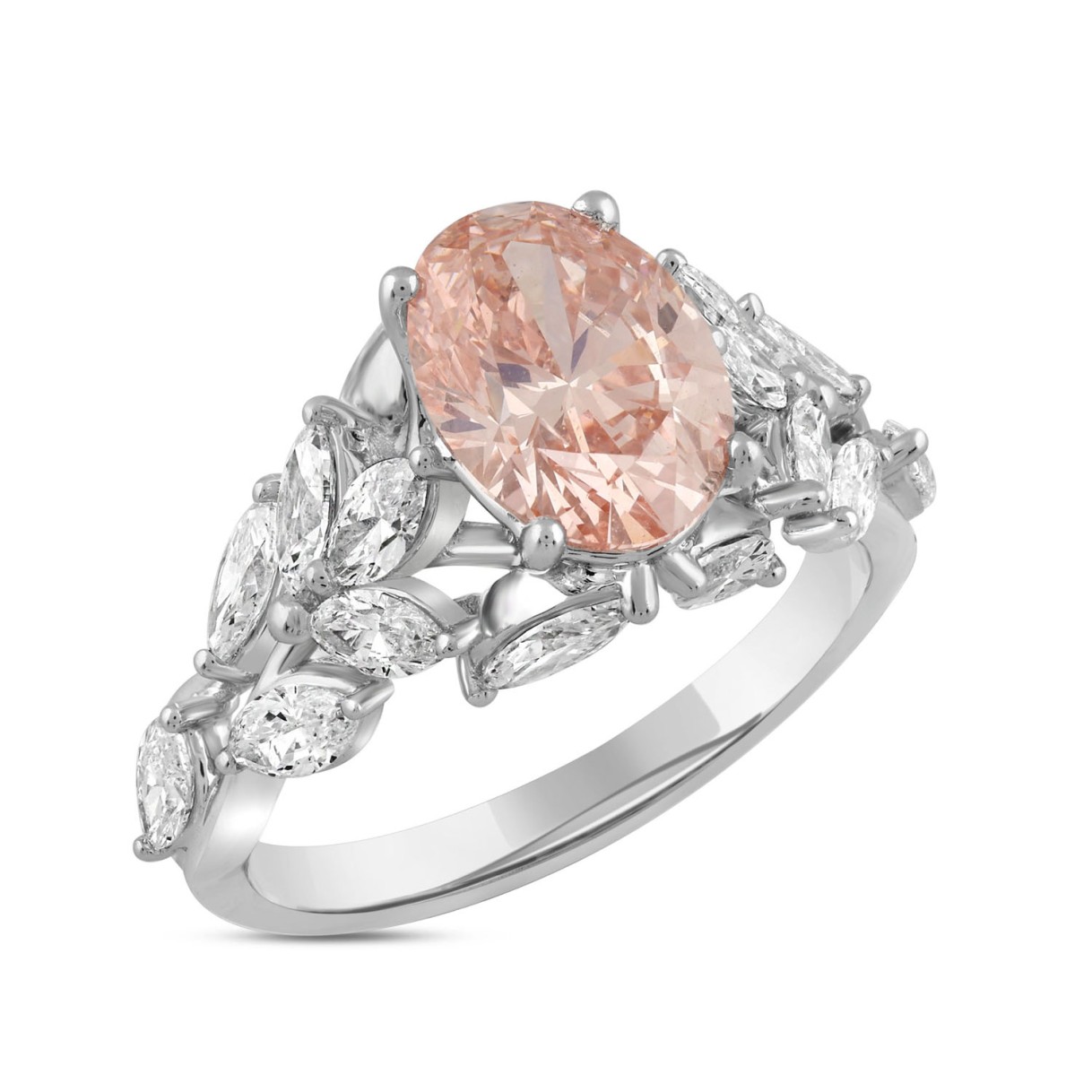 ETERNAL BLUSH COLLECTION LADIES RING 3 3/4CT OVAL/MARQUISE DIAMOND 14K WHITE GOLD (CENTER STONE PINK OVAL DIAMOND 2CT)