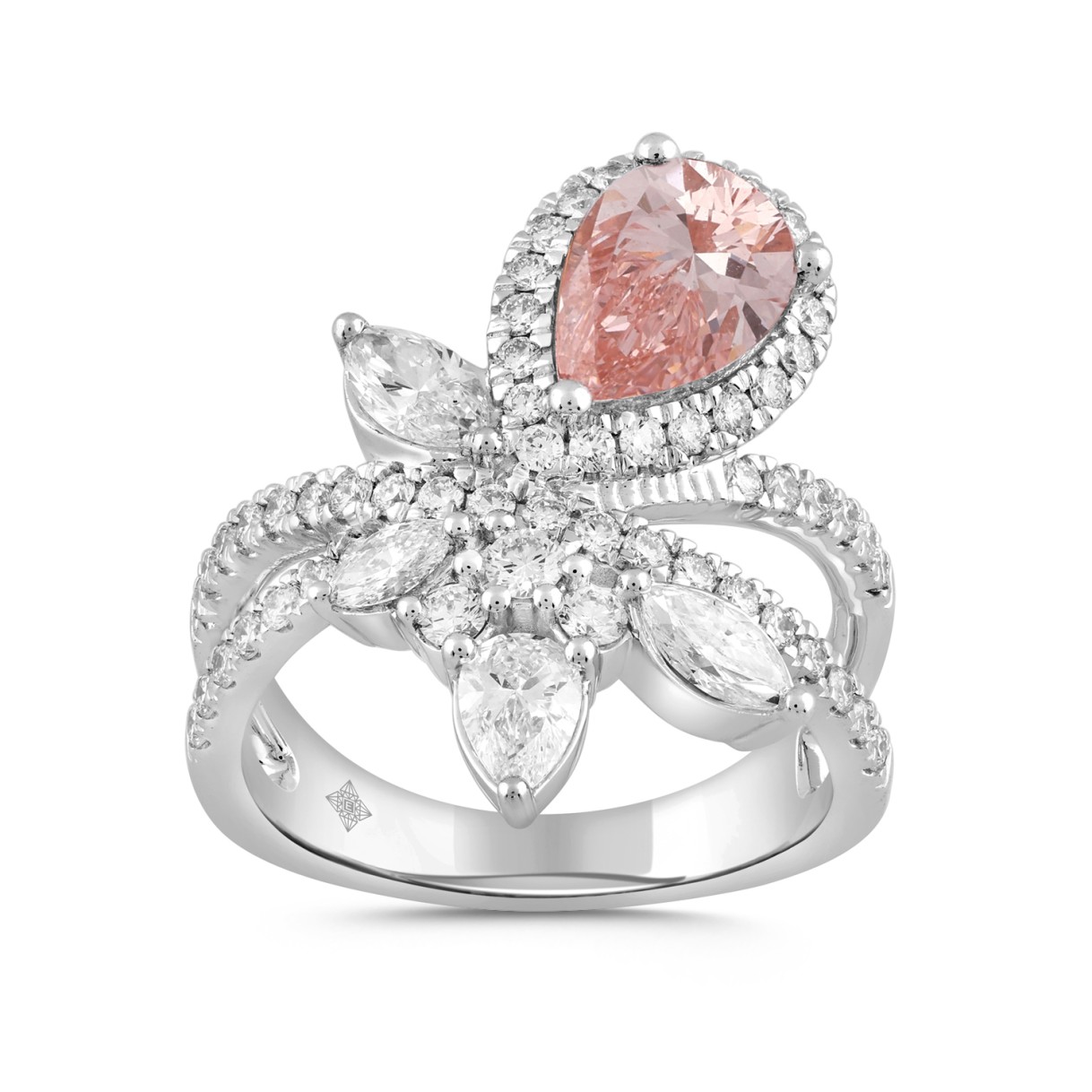 LADIES RING 3CT ROUND/PEAR MARQUISE DIAMOND 14K WHITE GOLD  (CENTER STONE PEAR DIAMOND 1 1/2CT )