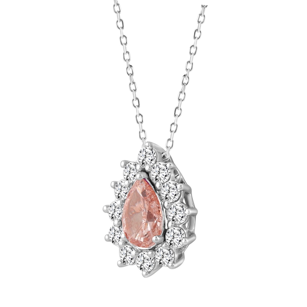 ETERNAL BLUSH COLLECTION LADIES PENDANT 2 1/2CT ROUND/PEAR DIAMOND 14K WHITE GOLD  (CENTER STONE PINK PEAR DIAMOND 1 1/2 CT)