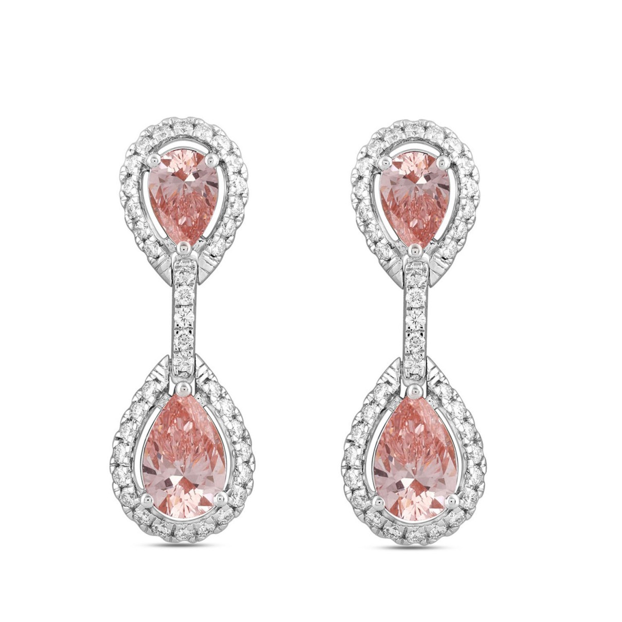 LADIES EARRINGS 3 3/4CT ROUND/PEAR DIAMOND 14K WHITE GOLD (CENTER STONE PEAR DIAMOND 2CT )