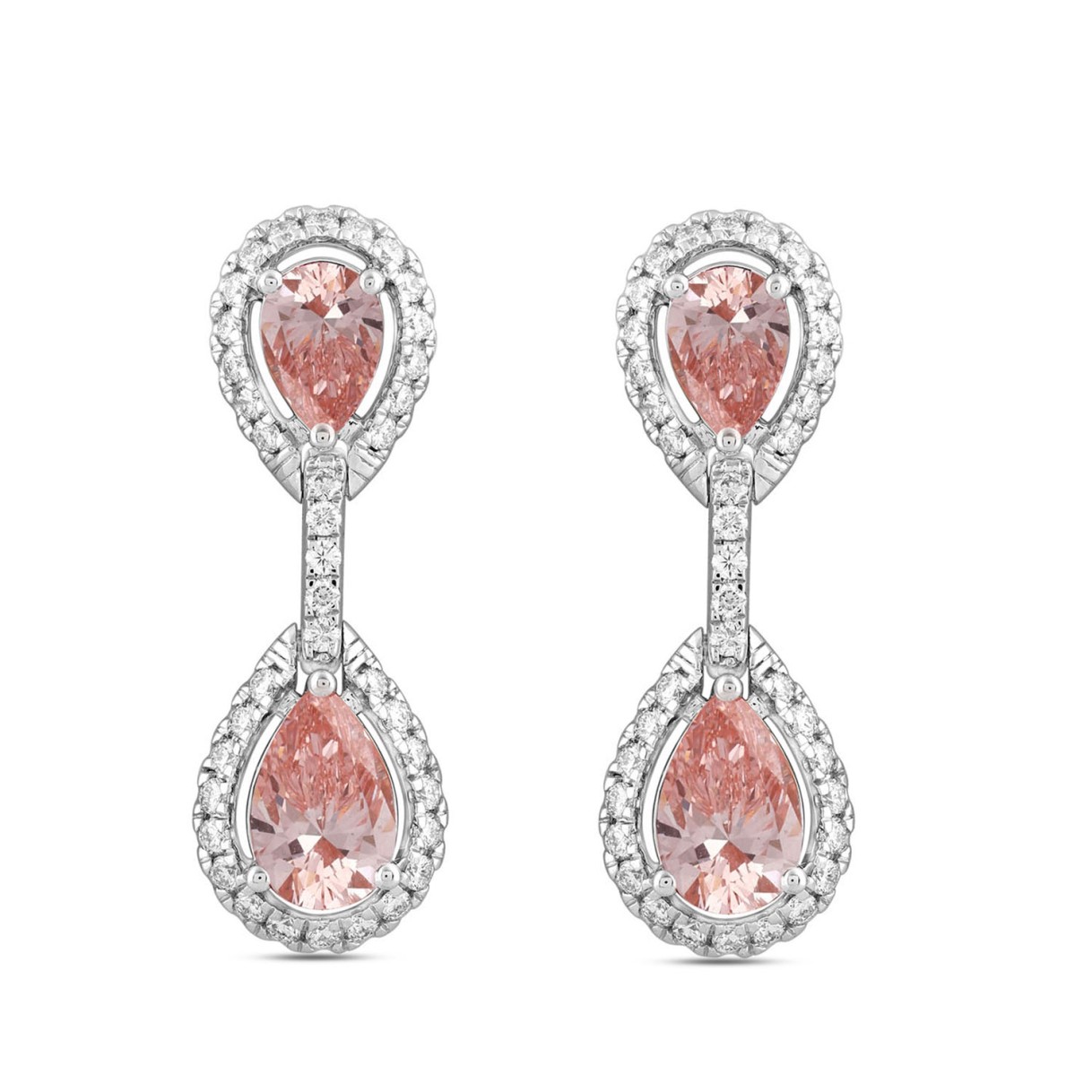 ETERNAL BLUSH COLLECTION LADIES EARRINGS 3 3/4CT ROUND/PEAR DIAMOND 14K WHITE GOLD (CENTER STONE PINK PEAR DIAMOND 2CT)