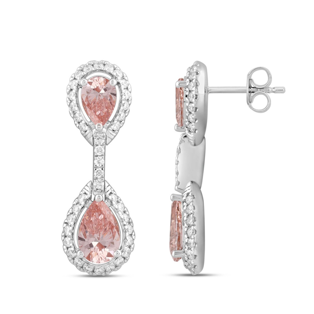 ETERNAL BLUSH COLLECTION LADIES EARRINGS 3 3/4CT ROUND/PEAR DIAMOND 14K WHITE GOLD (CENTER STONE PINK PEAR DIAMOND 2CT)