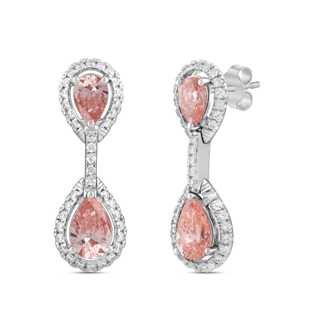 ETERNAL BLUSH COLLECTION LADIES EARRINGS 3 3/4CT ROUND/PEAR DIAMOND 14K WHITE GOLD (CENTER STONE PINK PEAR DIAMOND 2CT)
