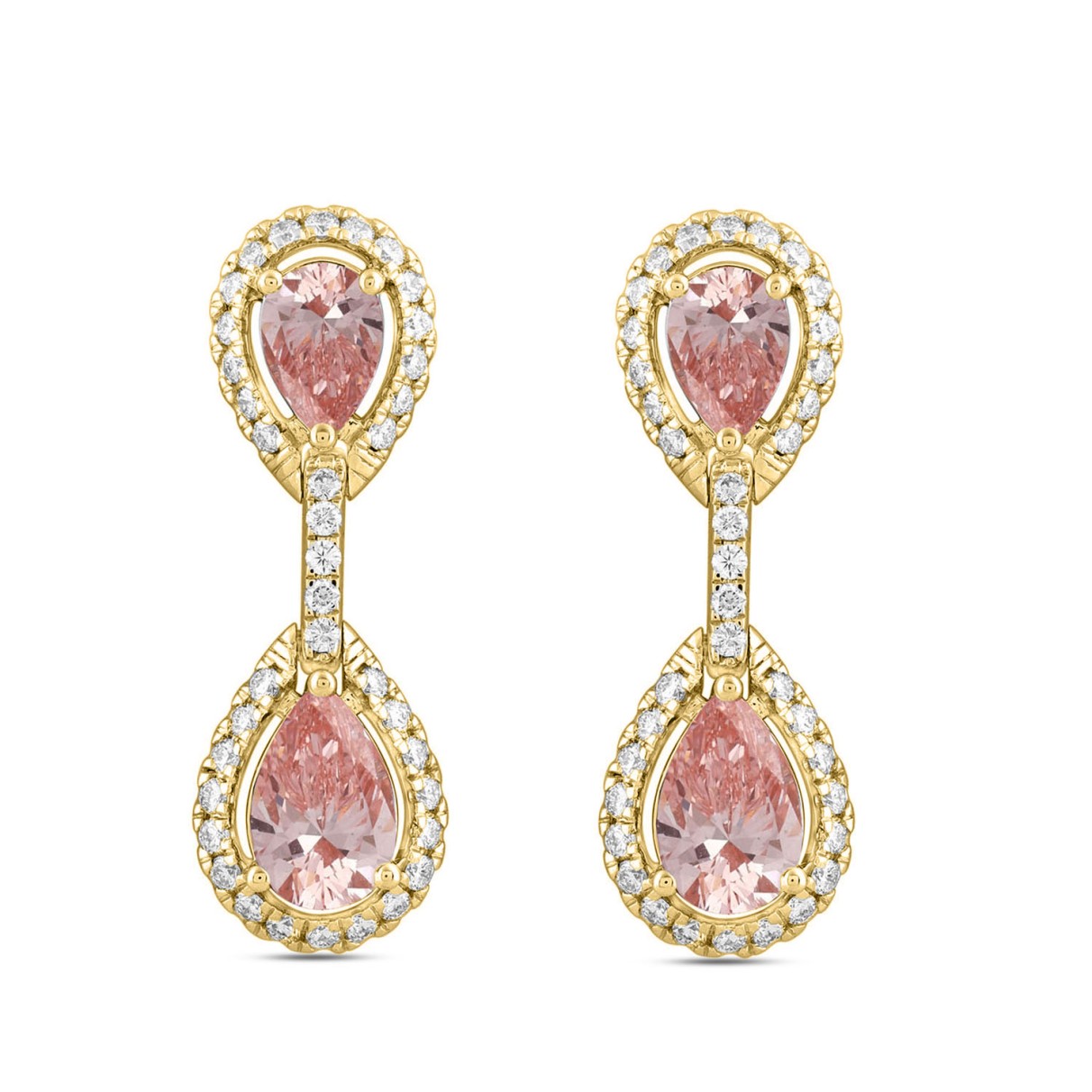 LADIES EARRINGS 3 3/4CT ROUND/PEAR DIAMOND 14K YEL...