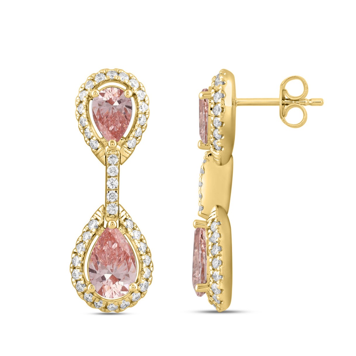 ETERNAL BLUSH COLLECTION LADIES EARRINGS 3 3/4CT ROUND/PEAR DIAMOND 14K YELLOW GOLD (CENTER STONE PINK PEAR DIAMOND 2CT)