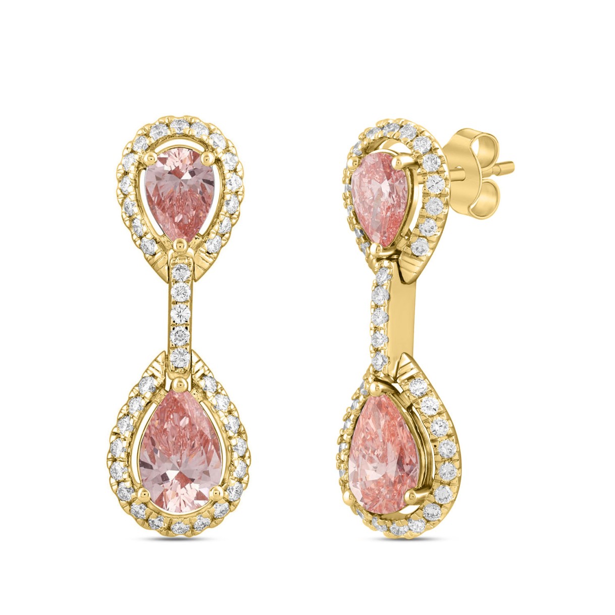 ETERNAL BLUSH COLLECTION LADIES EARRINGS 3 3/4CT ROUND/PEAR DIAMOND 14K YELLOW GOLD (CENTER STONE PINK PEAR DIAMOND 2CT)
