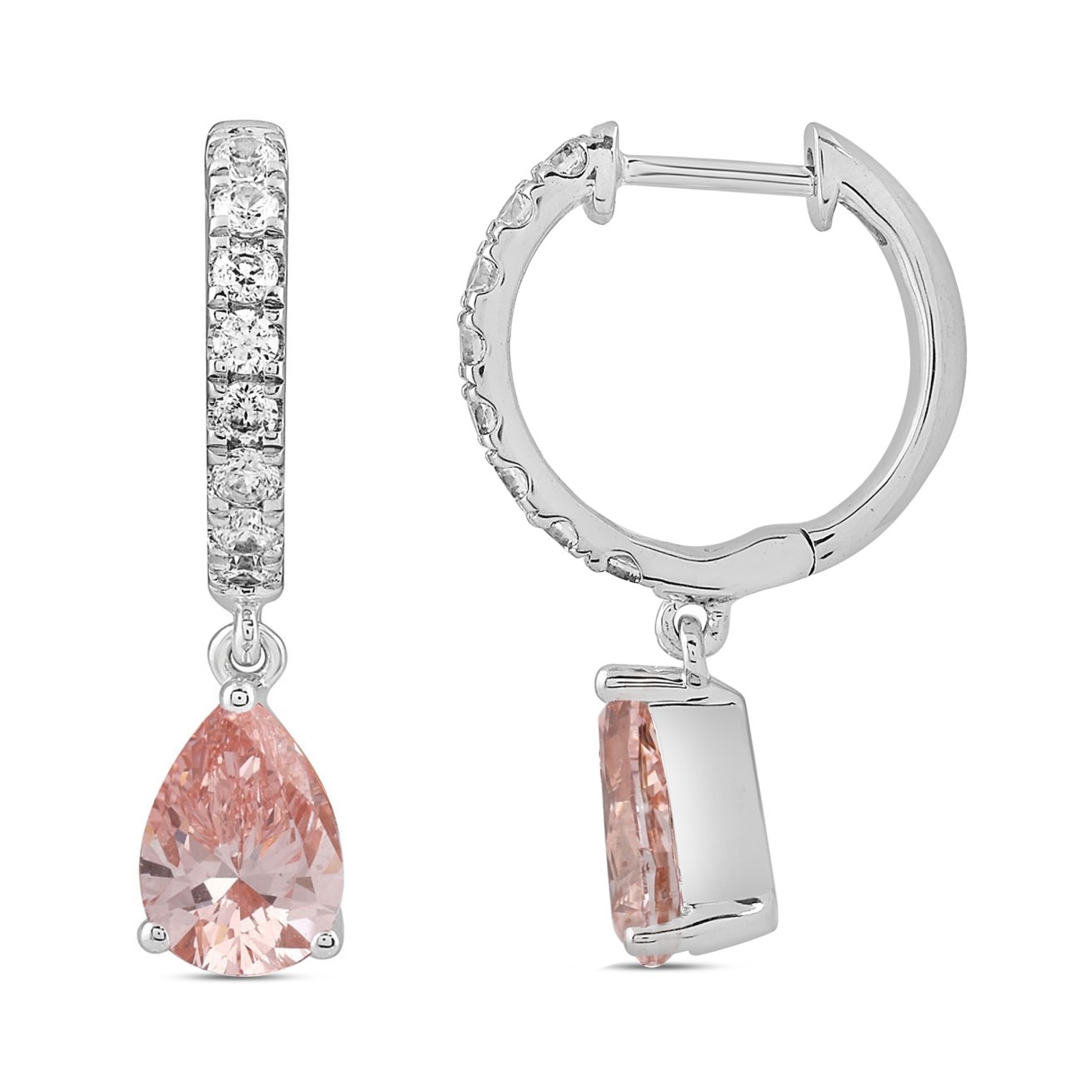 LADIES HOOPS EARRINGS  2CT ROUND/PEAR DIAMOND 14K WHITE GOLD (CENTER STONE PINK PEAR DIAMOND 3/4CT )