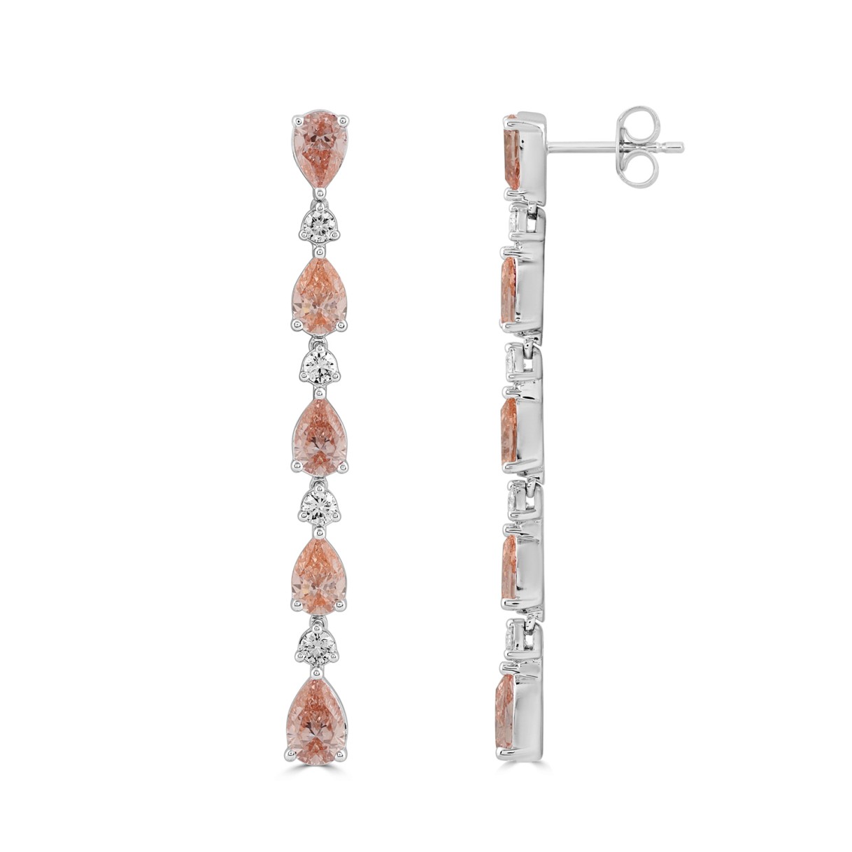 LADIES LINEAR EARRINGS  6 1/4CT ROUND/PEAR DIAMOND 14K WHITE GOLD  (CENTER STONE PEAR DIAMOND 1 1/2CT )