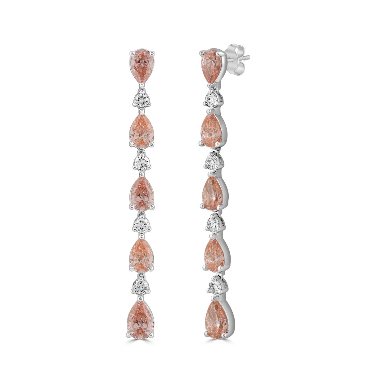 LADIES LINEAR EARRINGS  6 1/4CT ROUND/PEAR DIAMOND 14K WHITE GOLD  (CENTER STONE PEAR DIAMOND 1 1/2CT )