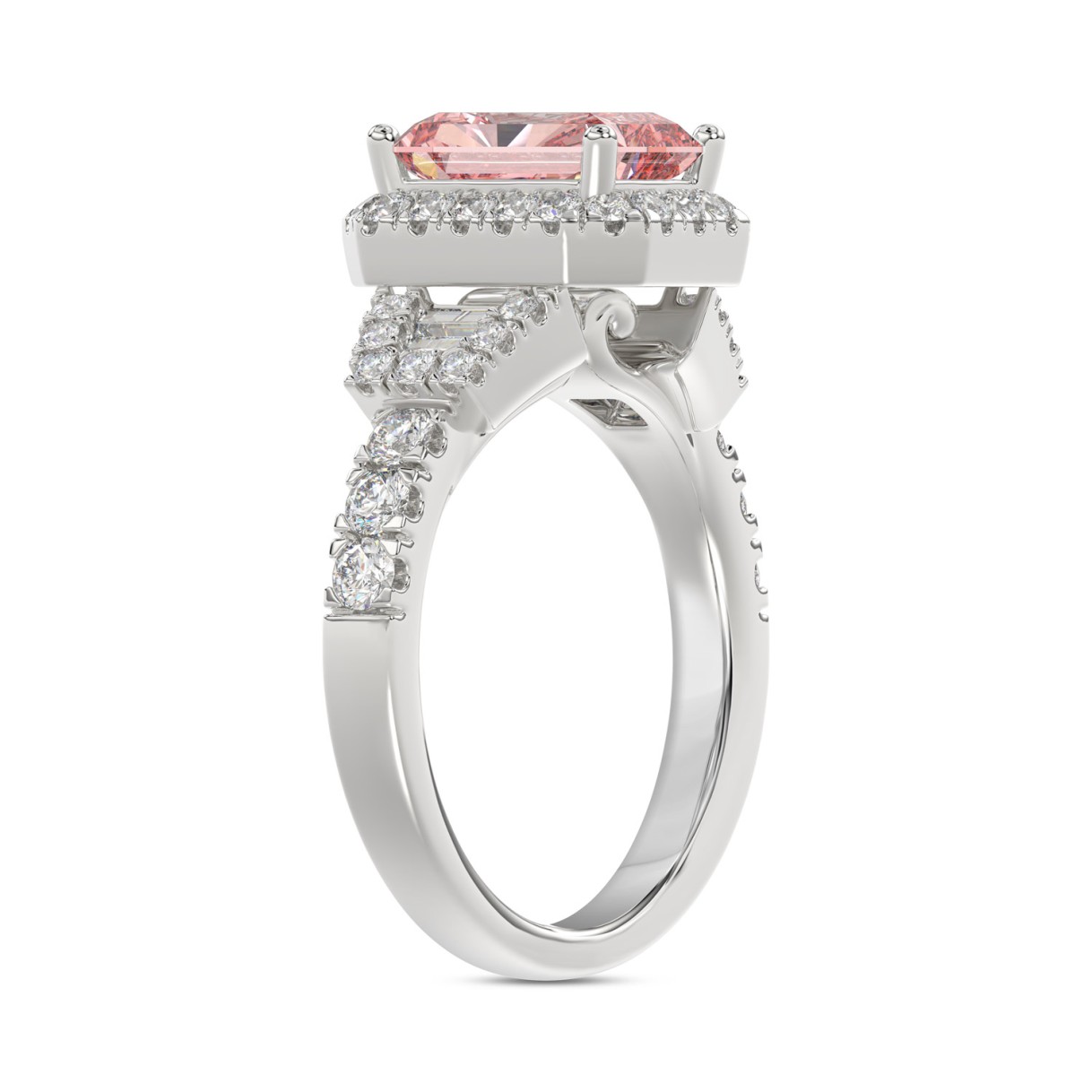 ETERNAL BLUSH COLLECTION 14K WHITE GOLD 2 3/4CT ROUND/BAGUETTE/RADIANT DIAMOND LADIES  RING (CENTER STONE PINK RADIANT DIAMOND 2.00CT)