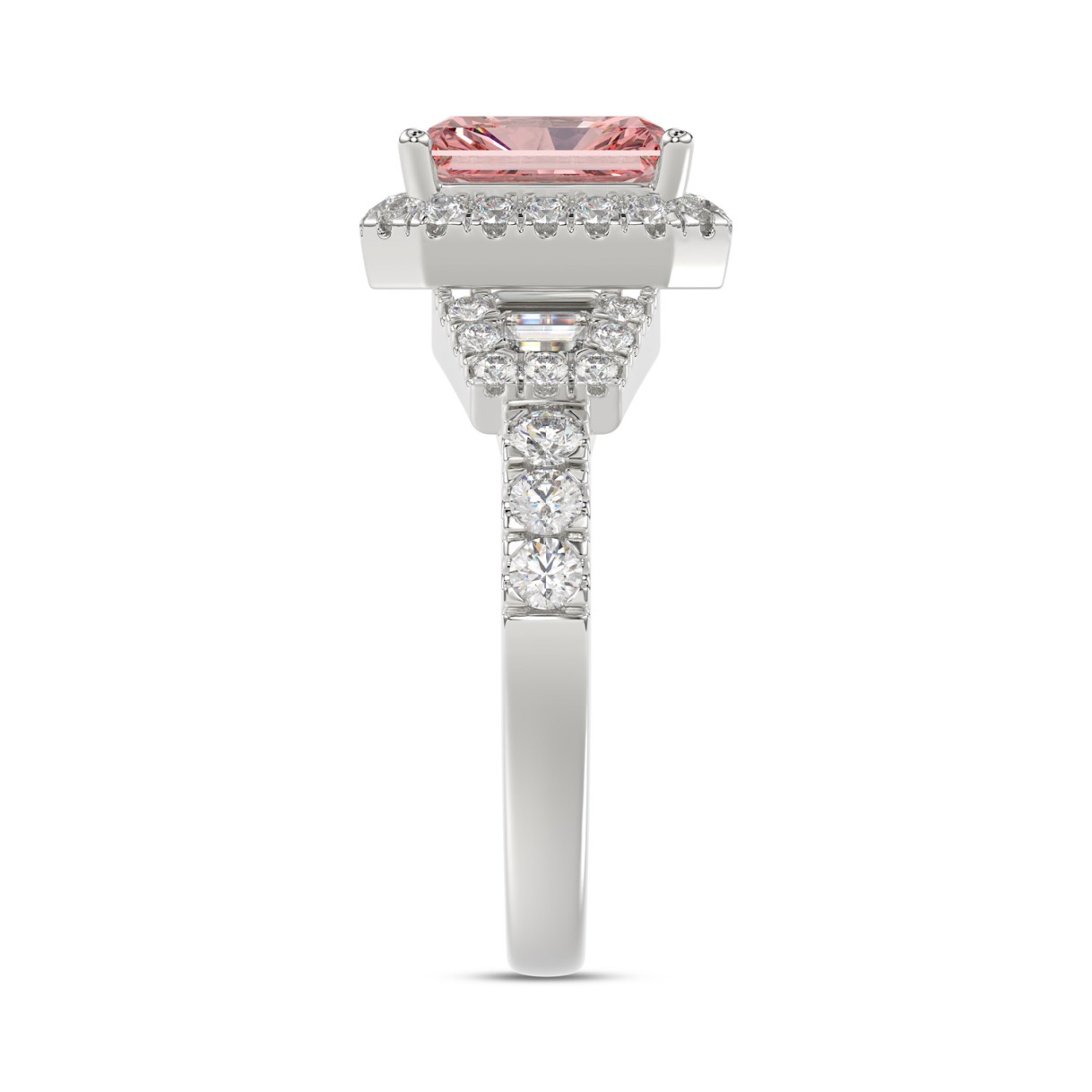 ETERNAL BLUSH COLLECTION 14K WHITE GOLD 2 3/4CT ROUND/BAGUETTE/RADIANT DIAMOND LADIES  RING (CENTER STONE PINK RADIANT DIAMOND 2.00CT)