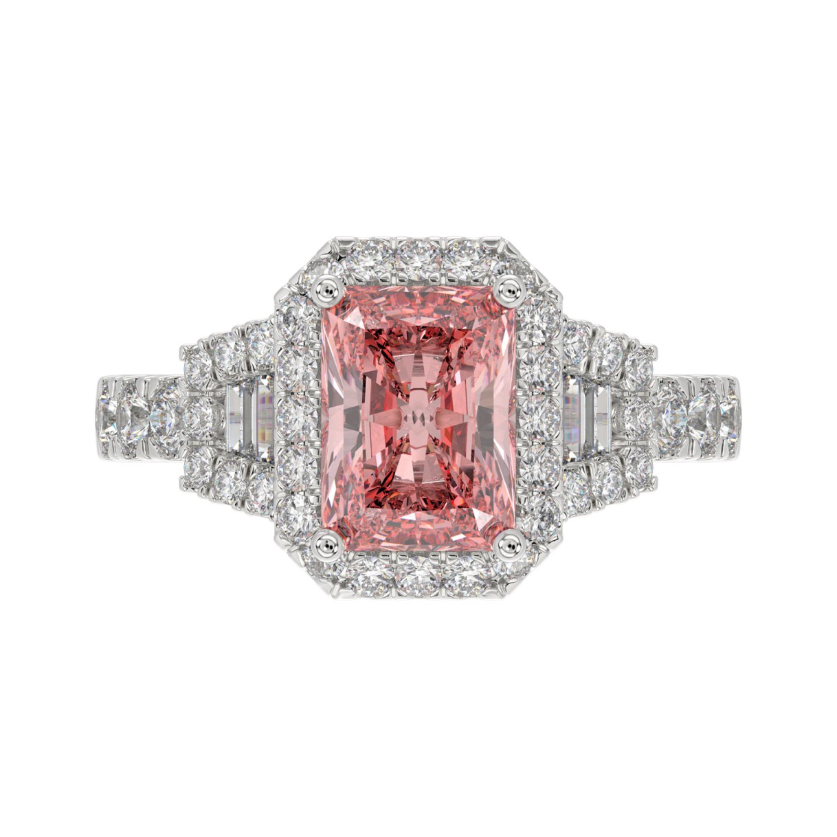 ETERNAL BLUSH COLLECTION 14K WHITE GOLD 2 3/4CT ROUND/BAGUETTE/RADIANT DIAMOND LADIES  RING (CENTER STONE PINK RADIANT DIAMOND 2.00CT)