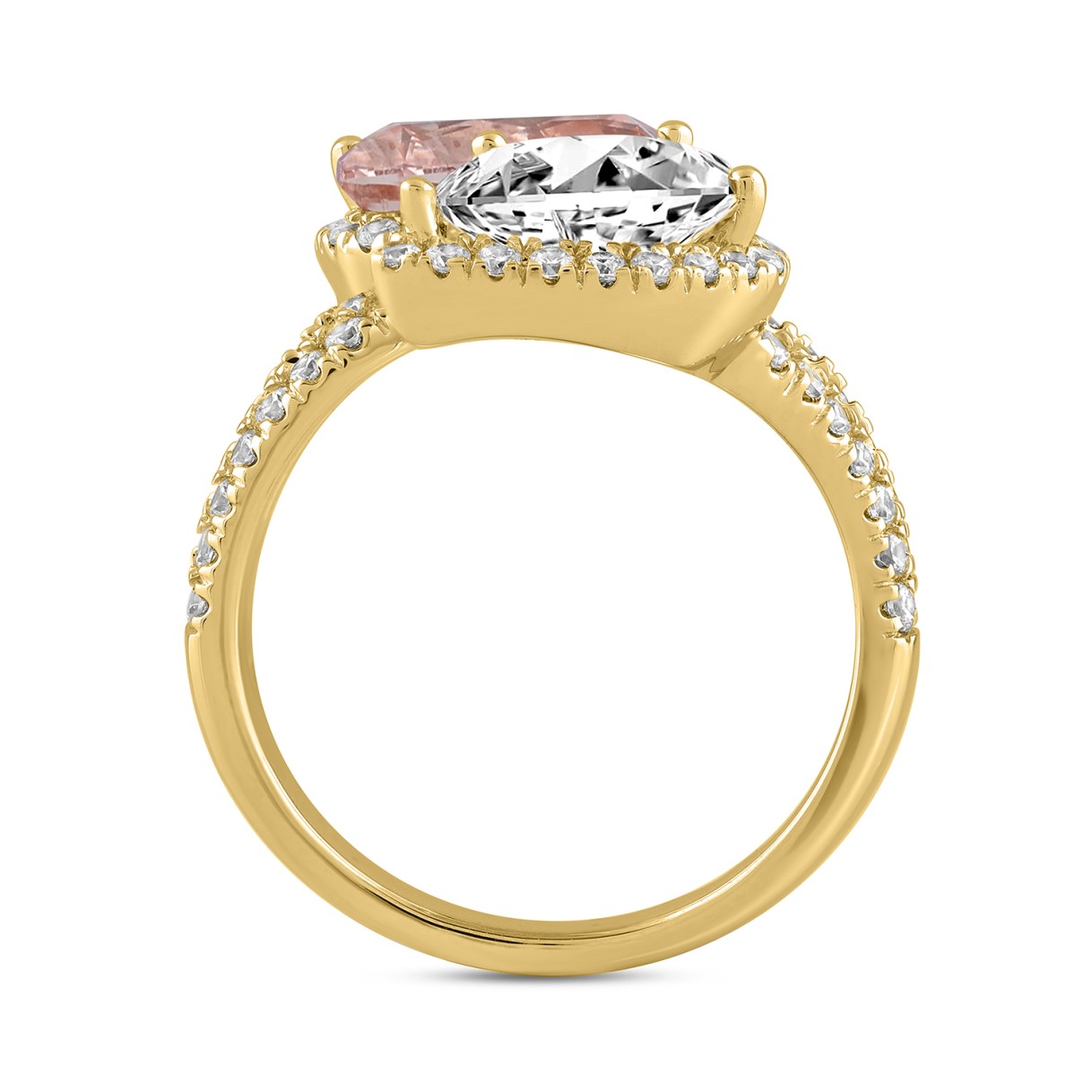 ETERNAL BLUSH COLLECTION LADIES RING 4 3/4CT ROUND/PEAR DIAMOND 14K YELLOW GOLD (CENTER STONE PINK PEAR DIAMOND 2CT)