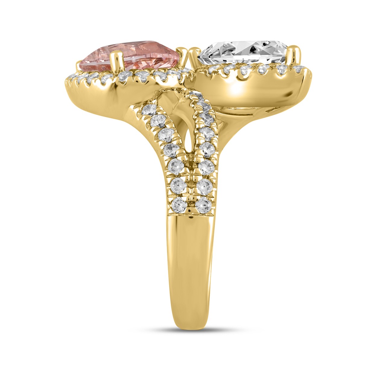 ETERNAL BLUSH COLLECTION LADIES RING 4 3/4CT ROUND/PEAR DIAMOND 14K YELLOW GOLD (CENTER STONE PINK PEAR DIAMOND 2CT)