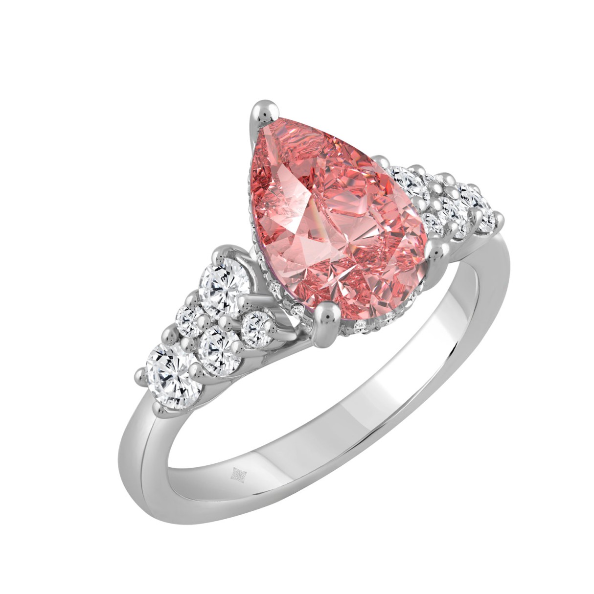 ETERNAL BLUSH COLLECTION 14K WHITE GOLD 2 3/4CT ROUND/PEAR DIAMOND LADIES RING (CENTER STONE PINK PEAR DIAMOND 2CT)