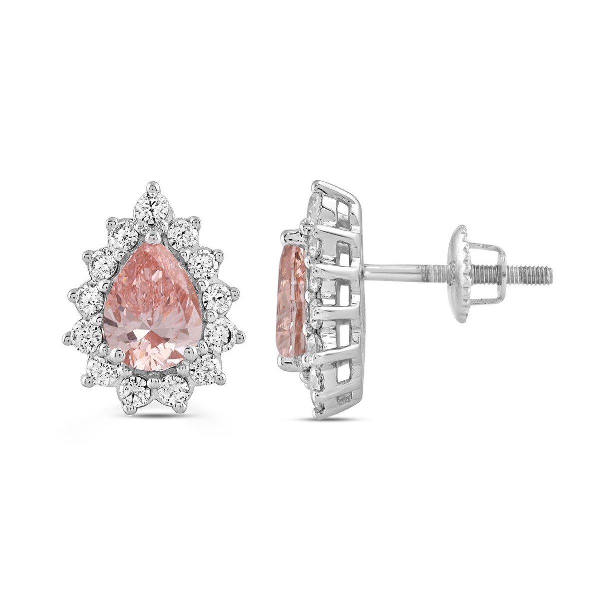 ETERNAL BLUSH COLLECTION MEN'S EARRINGS  3CT ROUND/PEAR DIAMOND 14K WHITE GOLD  (CENTER STONE PINK PEAR DIAMOND 1CT)
