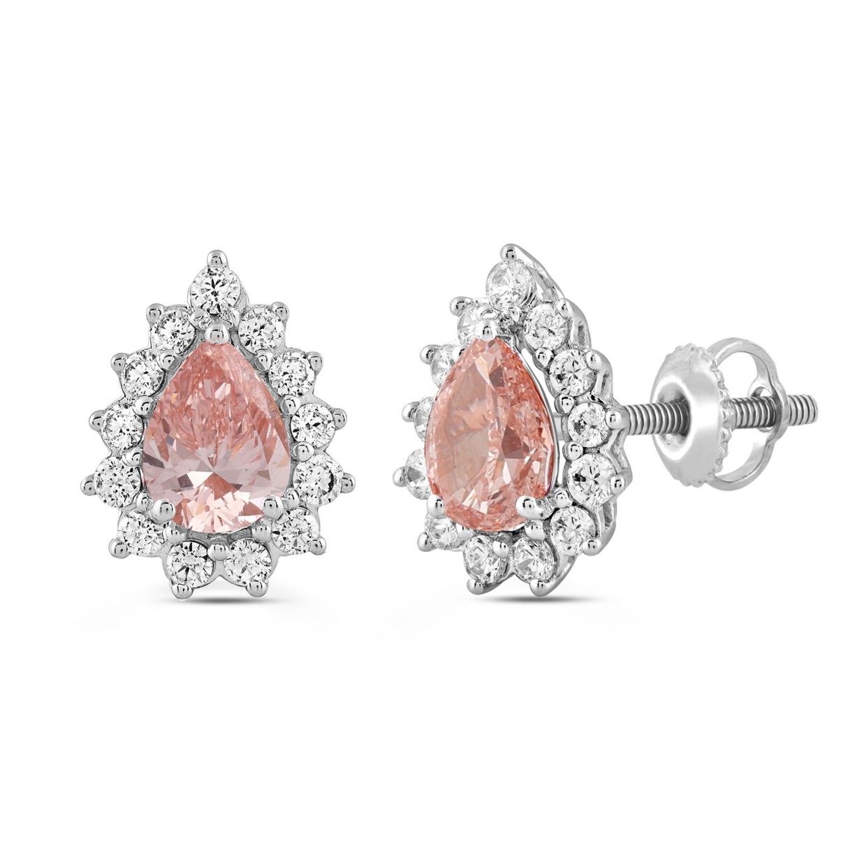 ETERNAL BLUSH COLLECTION MEN'S EARRINGS  3CT ROUND/PEAR DIAMOND 14K WHITE GOLD  (CENTER STONE PINK PEAR DIAMOND 1CT)