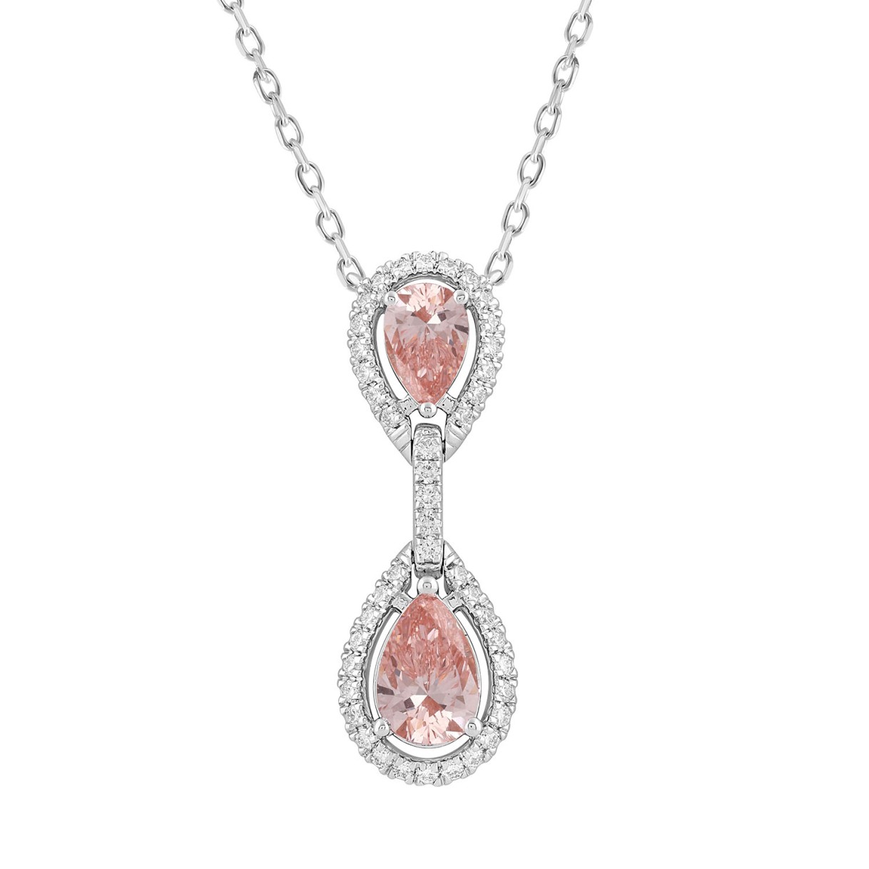 ETERNAL BLUSH COLLECTION LADIES NECKLACE 2 3/4CT ROUND/ PINK PEAR DIAMOND 14K WHITE GOLD 
