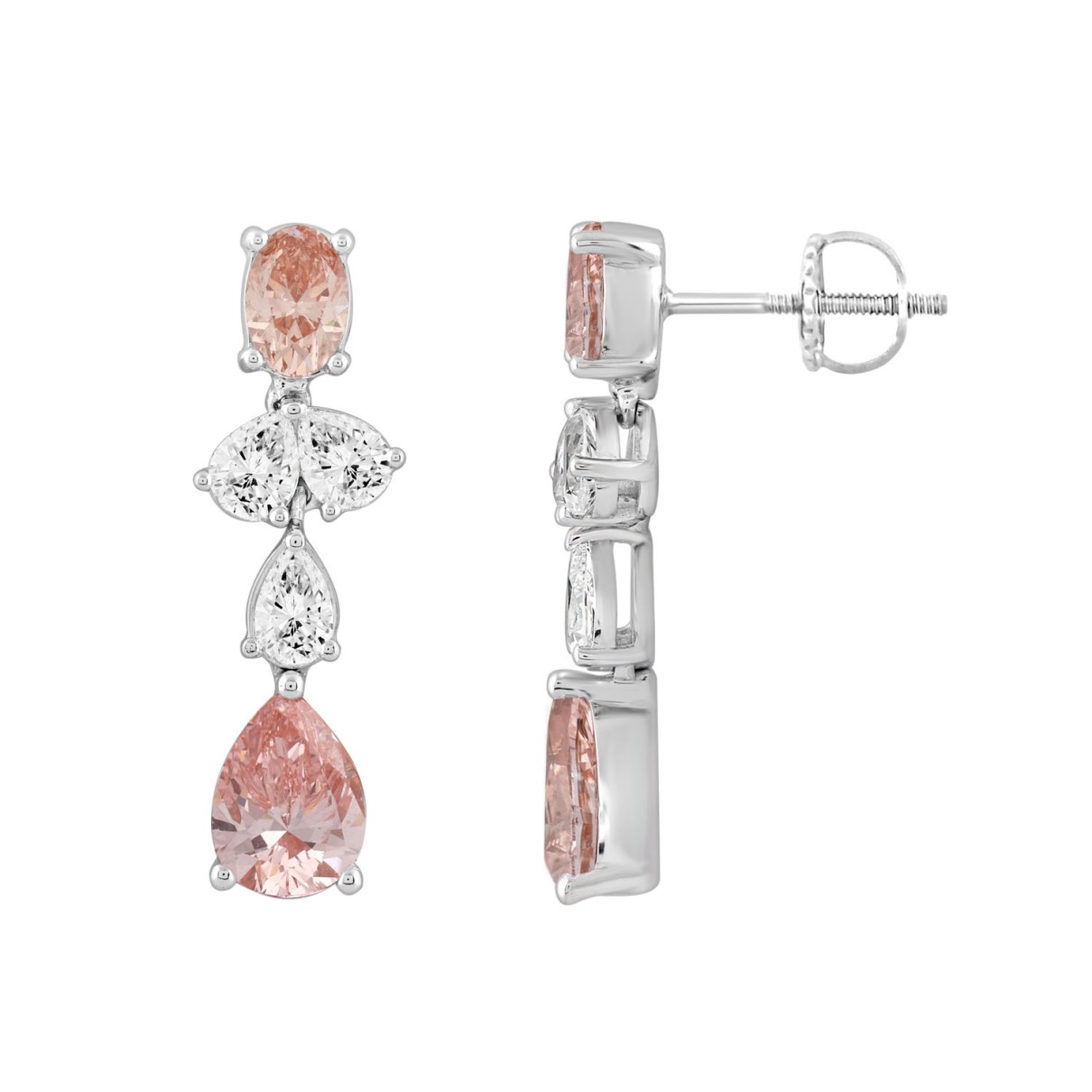 LADIES EARRINGS 3 1/2CT OVAL/PEAR DIAMOND 14K WHITE/ROSE GOLD (CENTER STONE PEAR/OVAL DIAMOND 3/4CT 1/2CT )