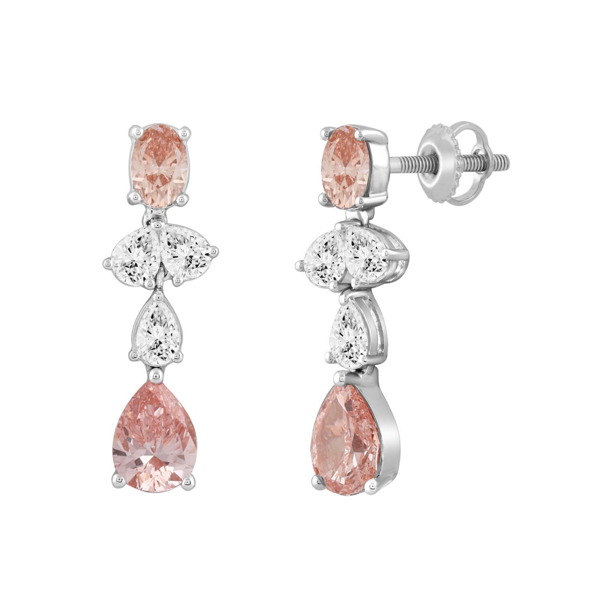 ETERNAL BLUSH COLLECTION LADIES EARRINGS 3 1/2CT OVAL/PEAR DIAMOND 14K WHITE GOLD (PINK PEAR DIAMOND 3/4CT/OVAL DIAMOND  1/2CT)