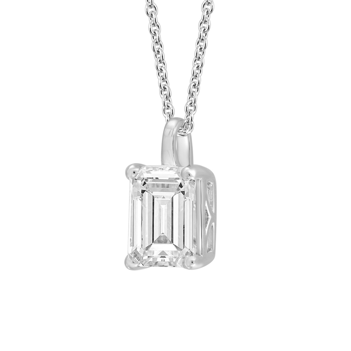 LADIES SOLITAIRE PENDANT WITH CHAIN 4CT EMERALD DIAMOND 14K WHITE GOLD 