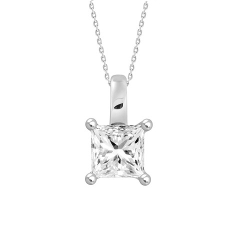 LADIES SOLITAIRE PENDANT WITH CHAIN 2 1/2CT PRINCESS DIAMOND 14K WHITE GOLD 