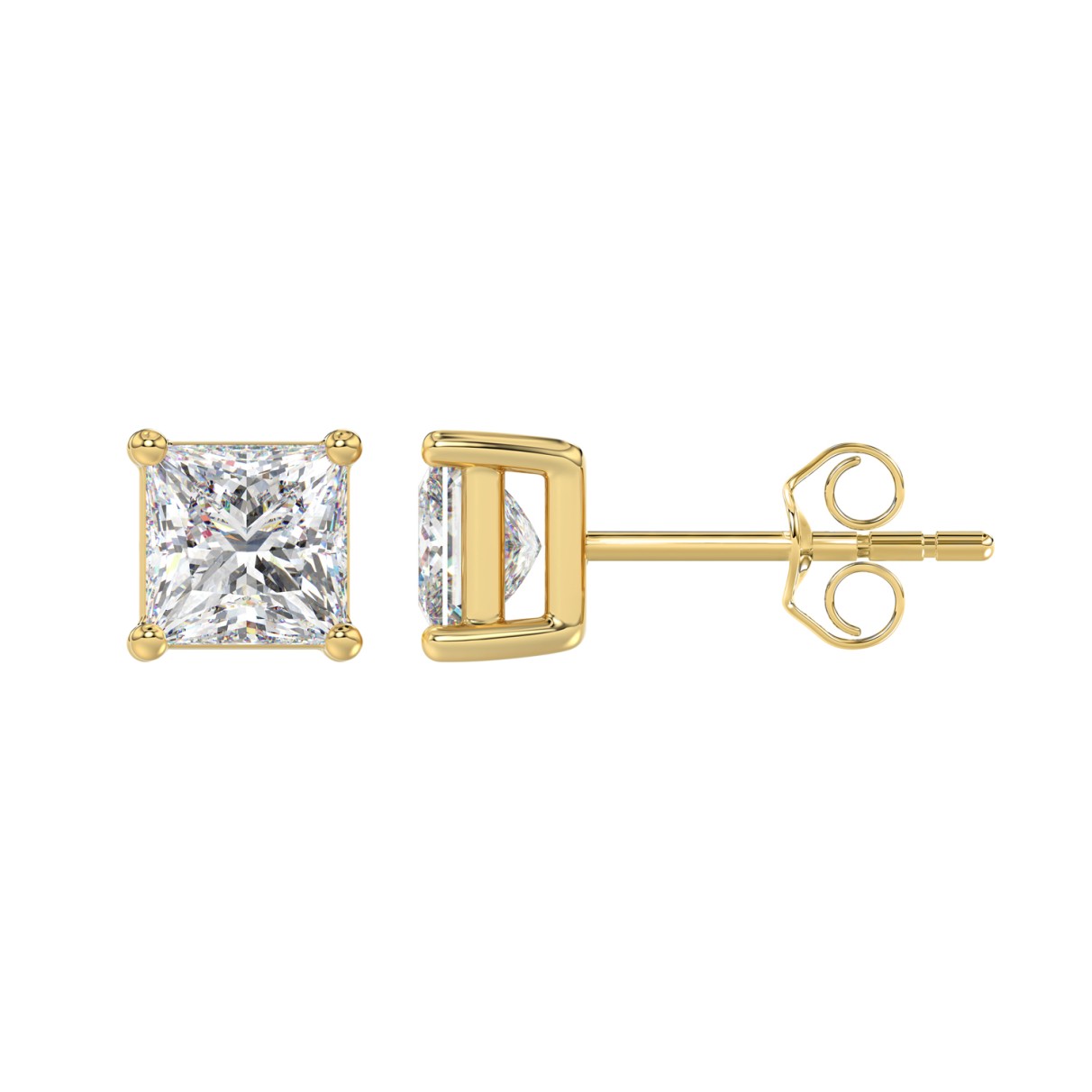 LADIES SOLITAIRE EARRINGS 2 1/2CT PRINCESS DIAMOND 14K YELLOW GOLD 