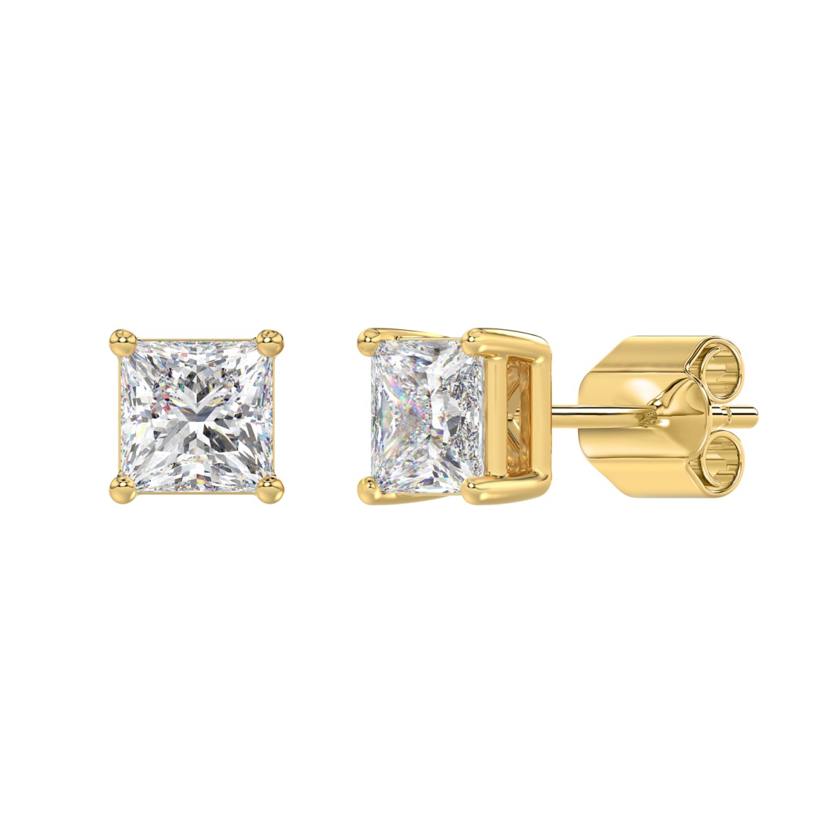 LADIES SOLITAIRE EARRINGS 2 1/2CT PRINCESS DIAMOND 14K YELLOW GOLD 