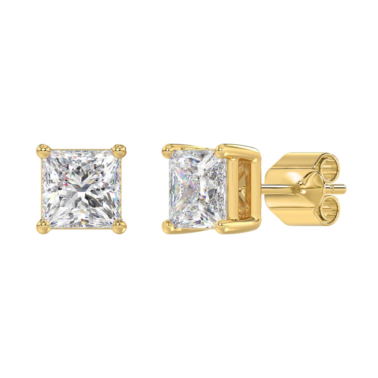 LADIES SOLITAIRE EARRINGS 4CT PRINCESS DIAMOND 14K YELLOW GOLD 