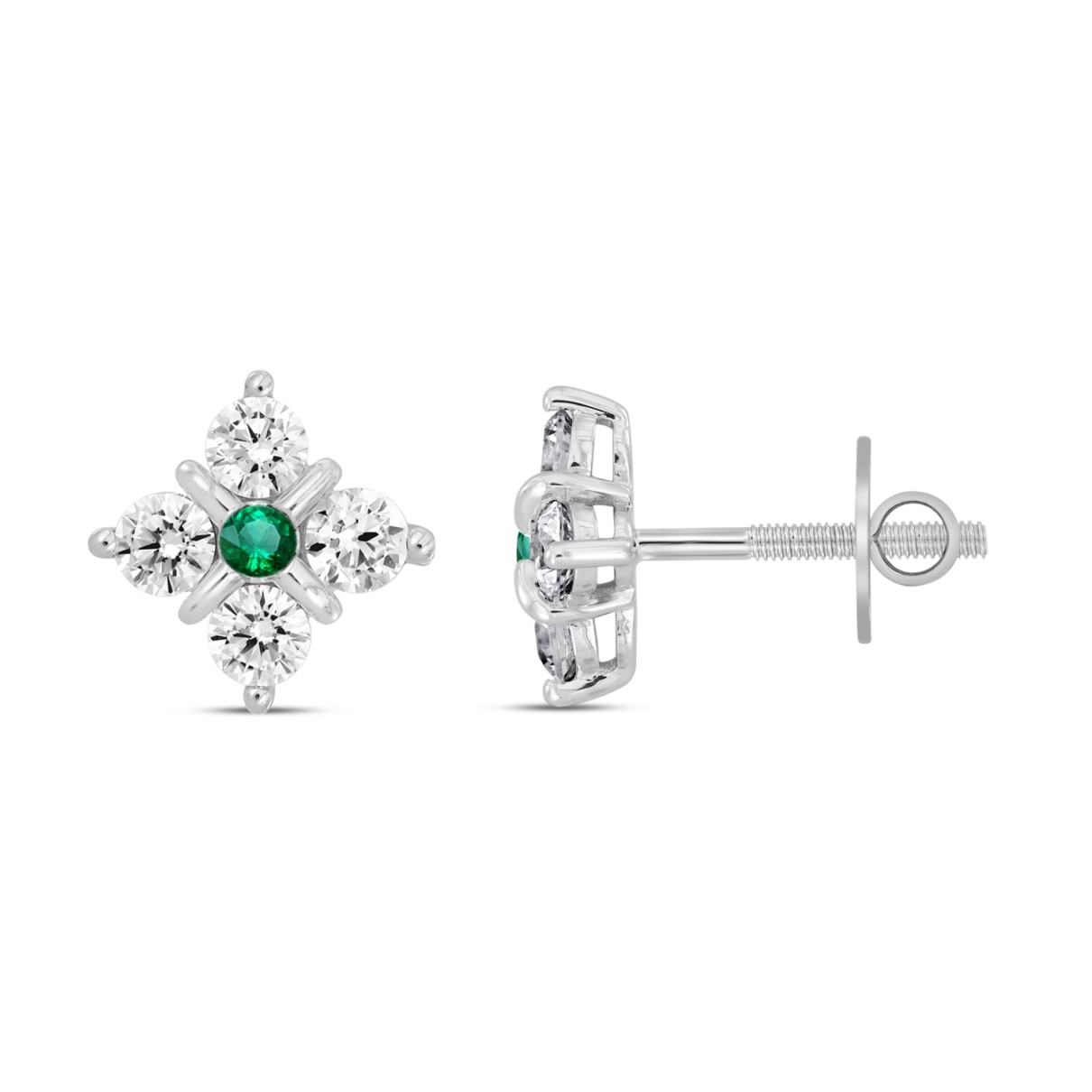 14K WHITE GOLD 1 1/2CT ROUND DIAMOND LADIES EARRINGS (GREEN EMERALD ROUND 8 STONE)