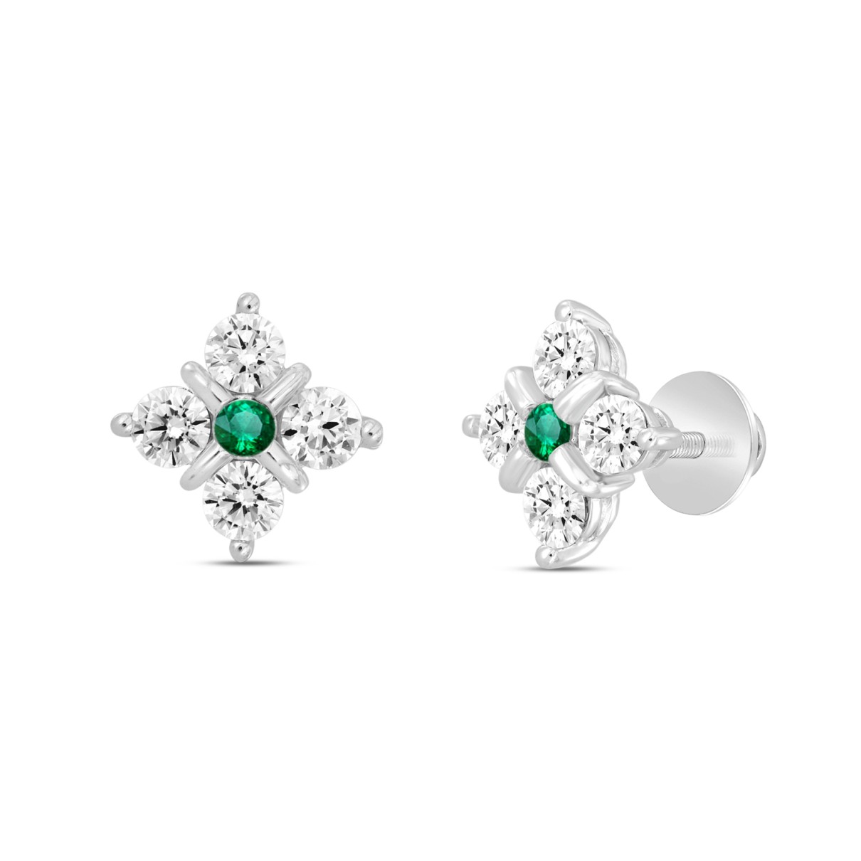 14K WHITE GOLD 1 1/2CT ROUND DIAMOND LADIES EARRINGS (GREEN EMERALD ROUND 8 STONE)