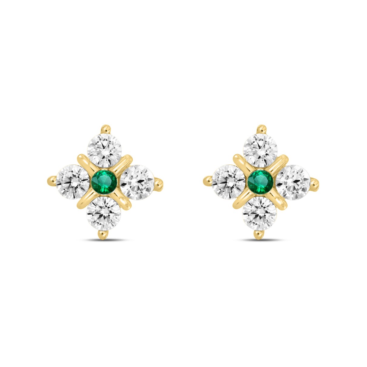 14K YELLOW GOLD 1 1/2CT ROUND DIAMOND LADIES EARRINGS (GREEN EMERALD ROUND 8 STONE)